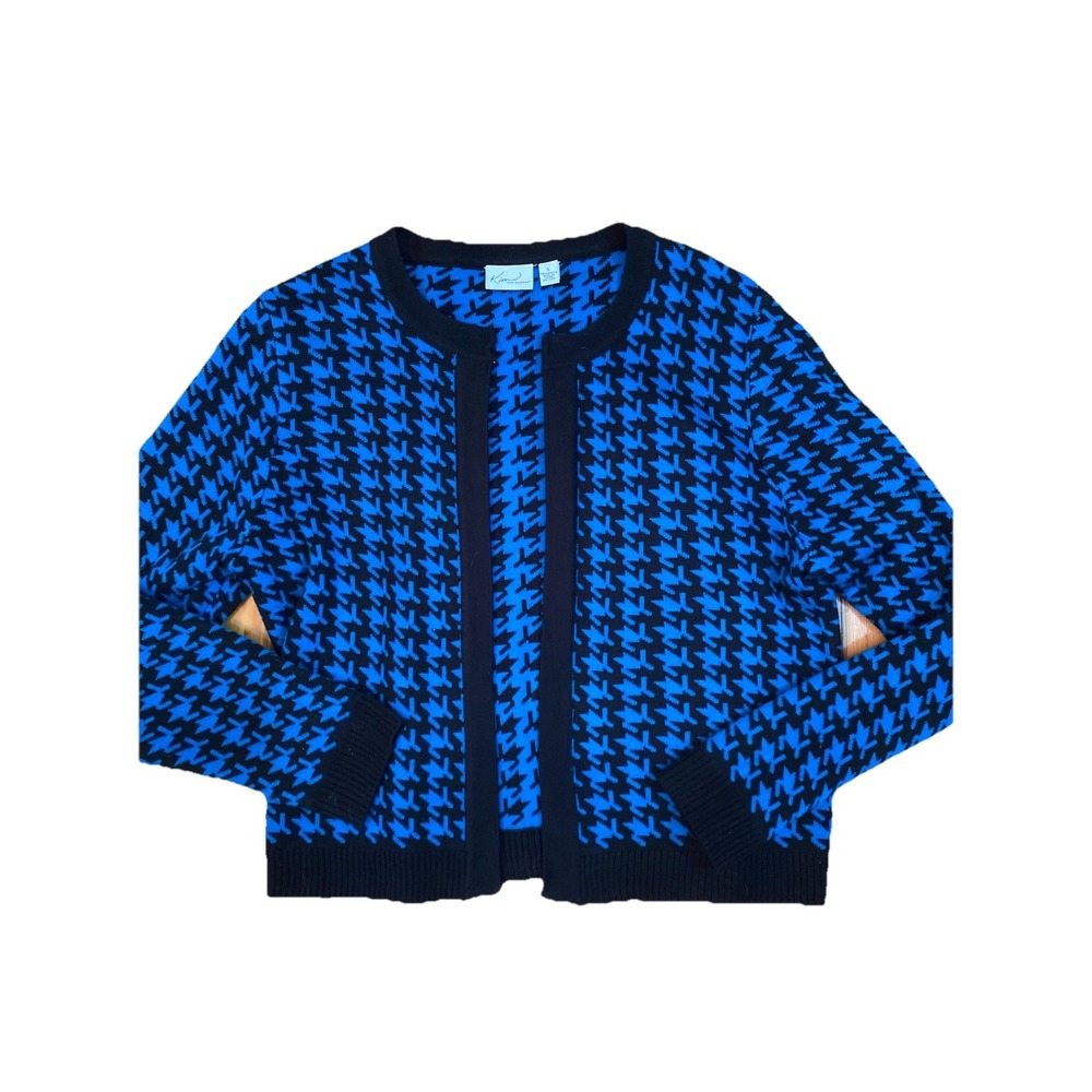 Kim‎ Rogers Cardigan Sweater Large  Blue Black Hounds Tooth Print Womens